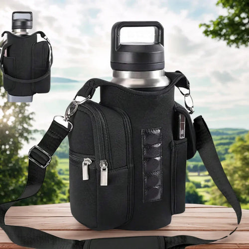 Magnetic Fitness Water Bottle Holder with Phone Pocket and Shoulder Strap Gym Accessories Storage Pouch Carrier Bottle Cover